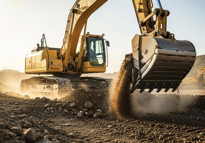 Excavator performing land clearing and site preparation work at an Arizona construction site.